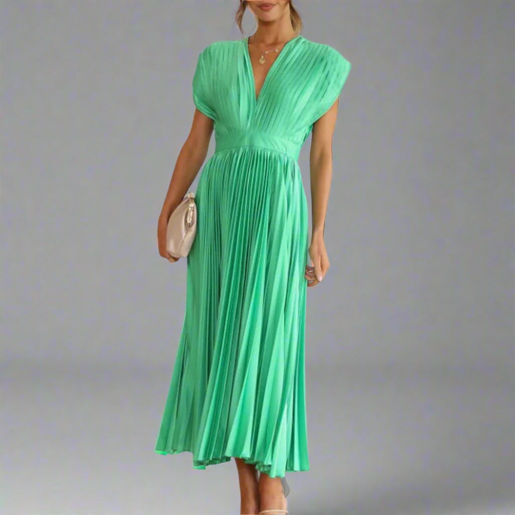 Wedding Guest Pleated Midi Dress - Green