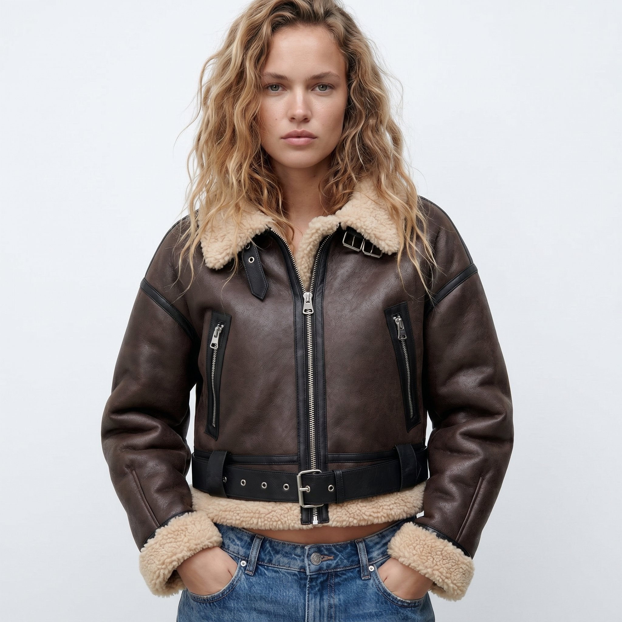 Women's Cropped Faux Leather Aviator Jacket - Brown