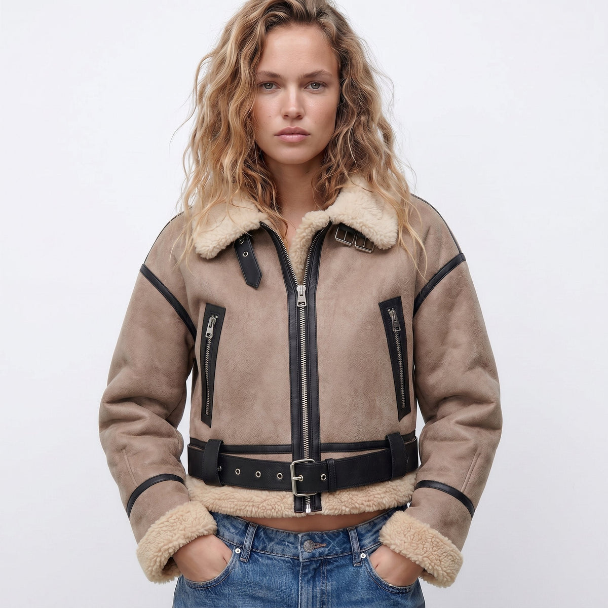 Women's Cropped Faux Leather Aviator Jacket - Khaki