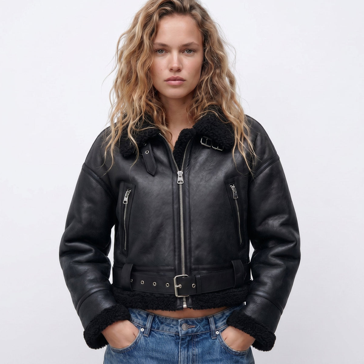 Women's Cropped Faux Leather Aviator Jacket - Black