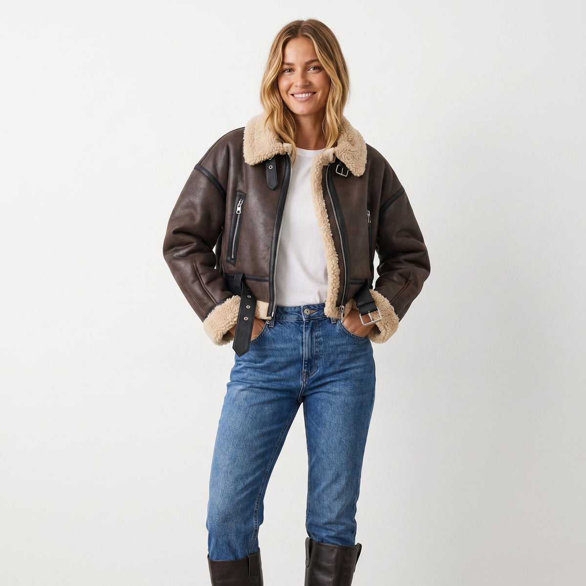 Women's Cropped Faux Leather Aviator Jacket