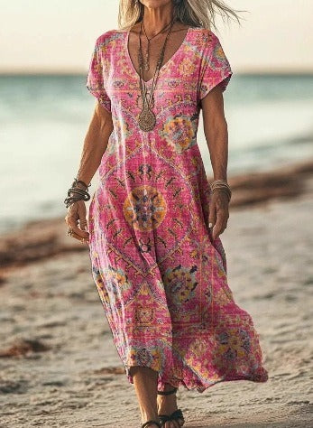 Boho Beach Maxi Dress - Pink