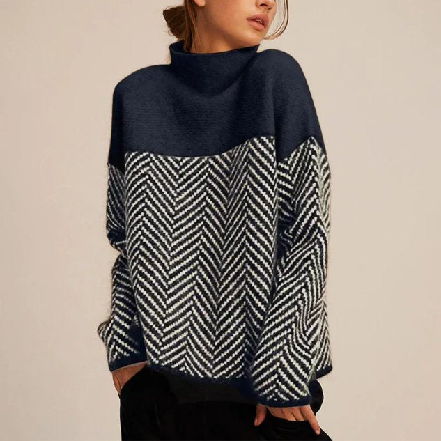 Women's Oversized Herringbone Turtleneck Sweater - Navy