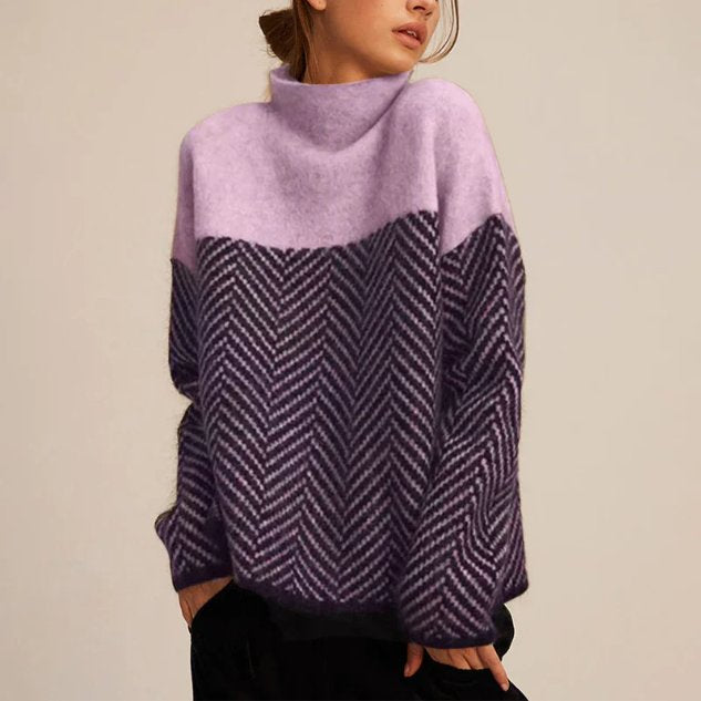 Women's Oversized Herringbone Turtleneck Sweater - Purple
