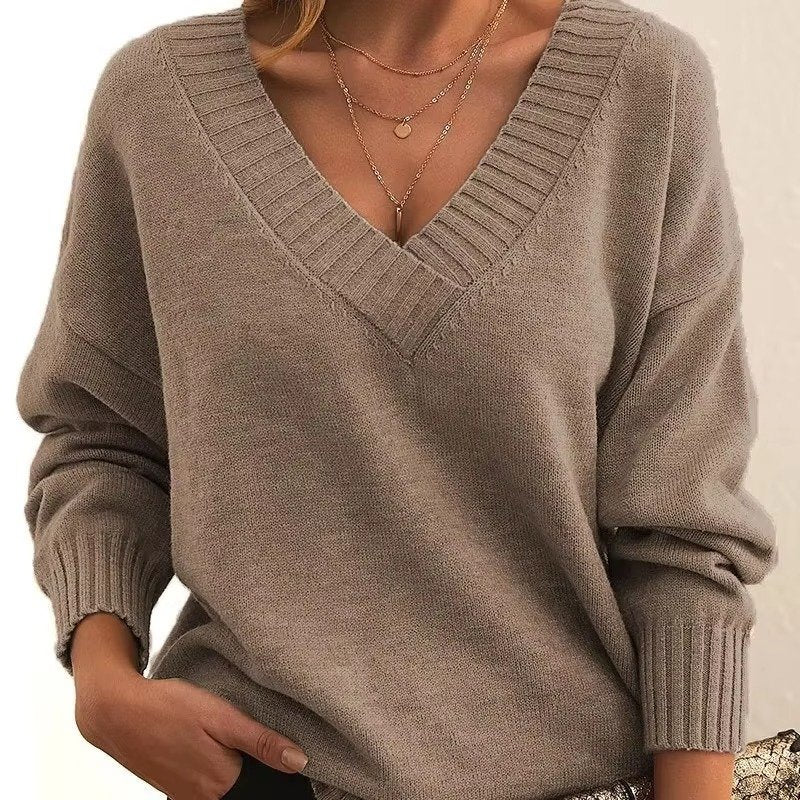 Women's Oversized V-Neck Knit Sweater - Khaki