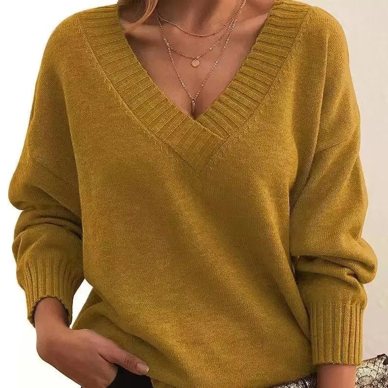 Women's Oversized V-Neck Knit Sweater - Ginger Yellow