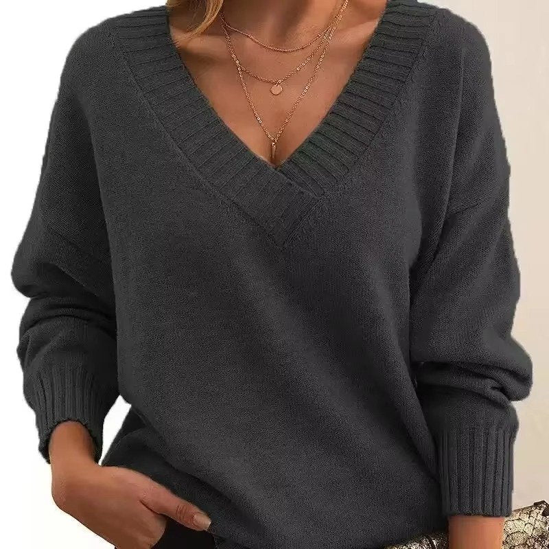 Women's Oversized V-Neck Knit Sweater - Dark Gray