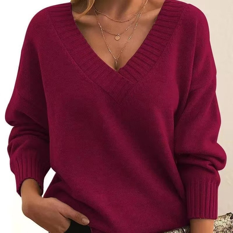 Women's Oversized V-Neck Knit Sweater - Dark Red
