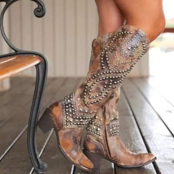 Women's Studded Knee-High Cowboy Boots - Brown