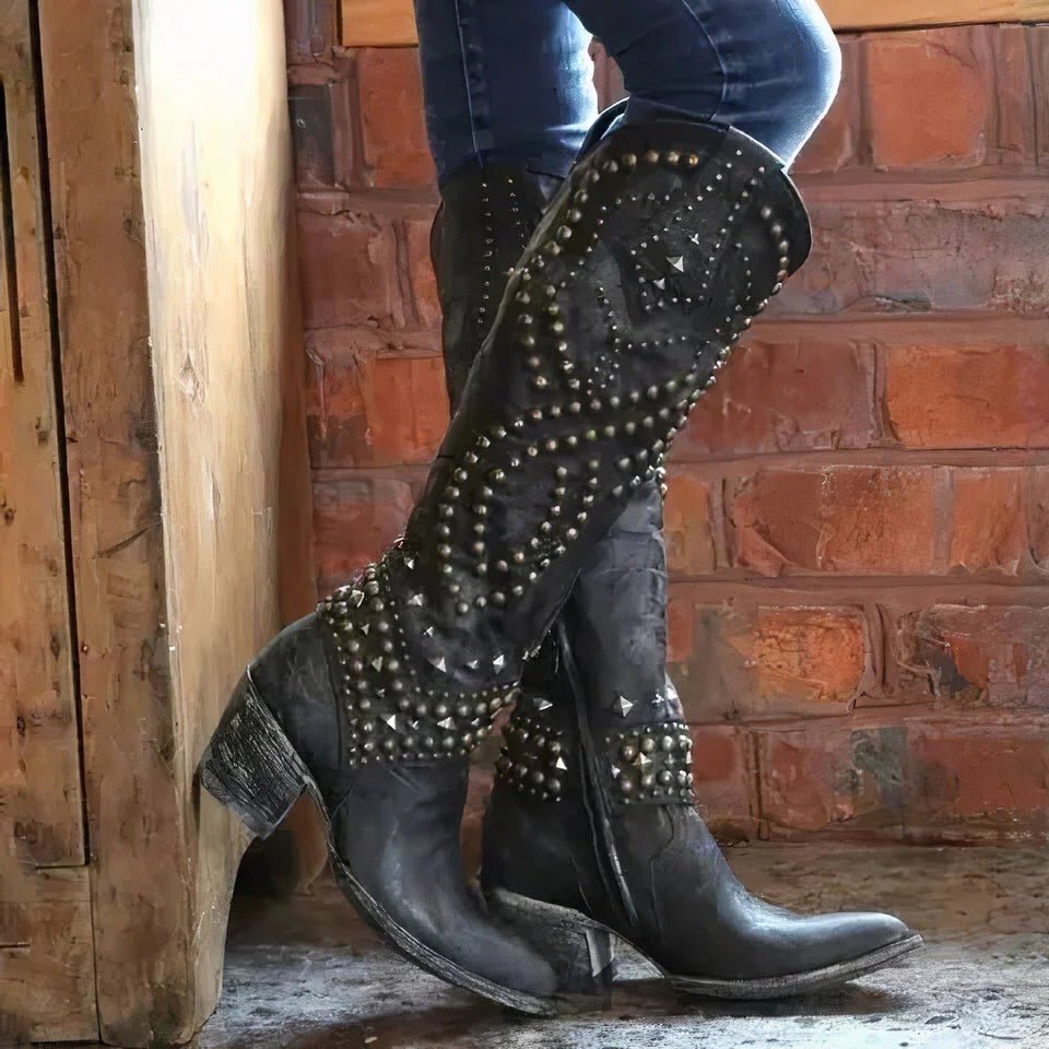 Women's Studded Knee-High Cowboy Boots - Black