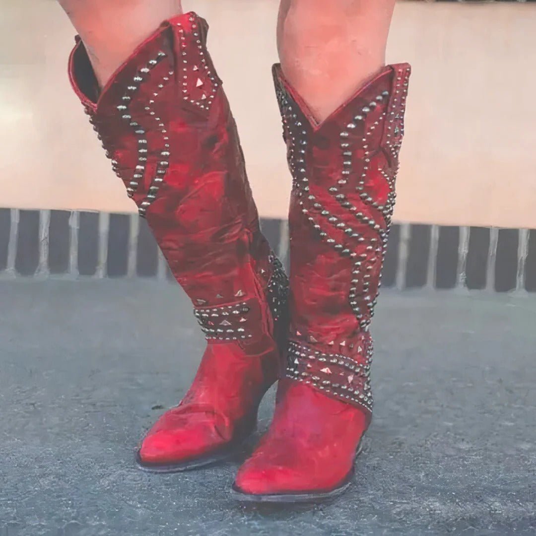 Women's Studded Knee-High Cowboy Boots - Red