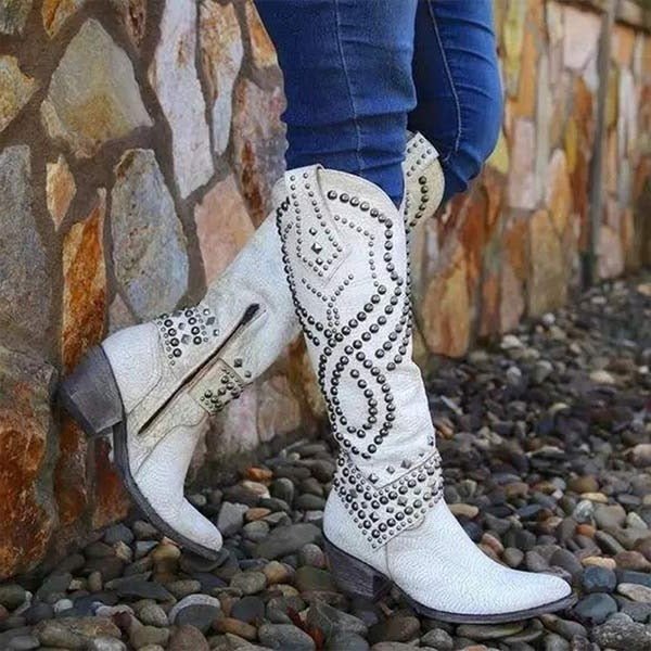 Women's Studded Knee-High Cowboy Boots - White