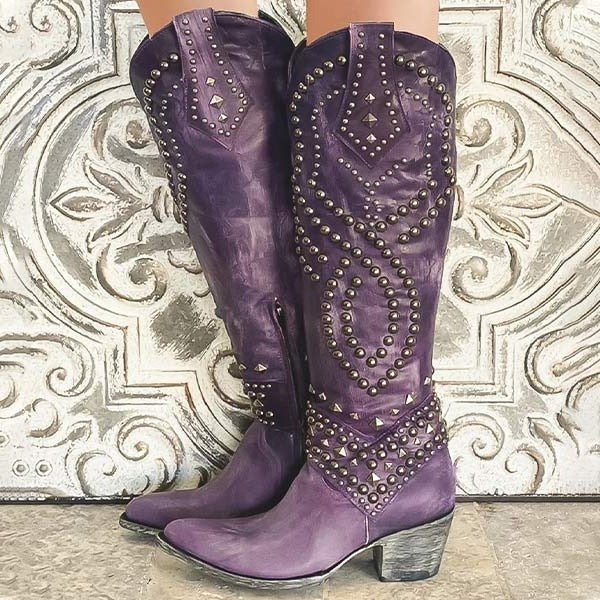 Women's Studded Knee-High Cowboy Boots - Purple