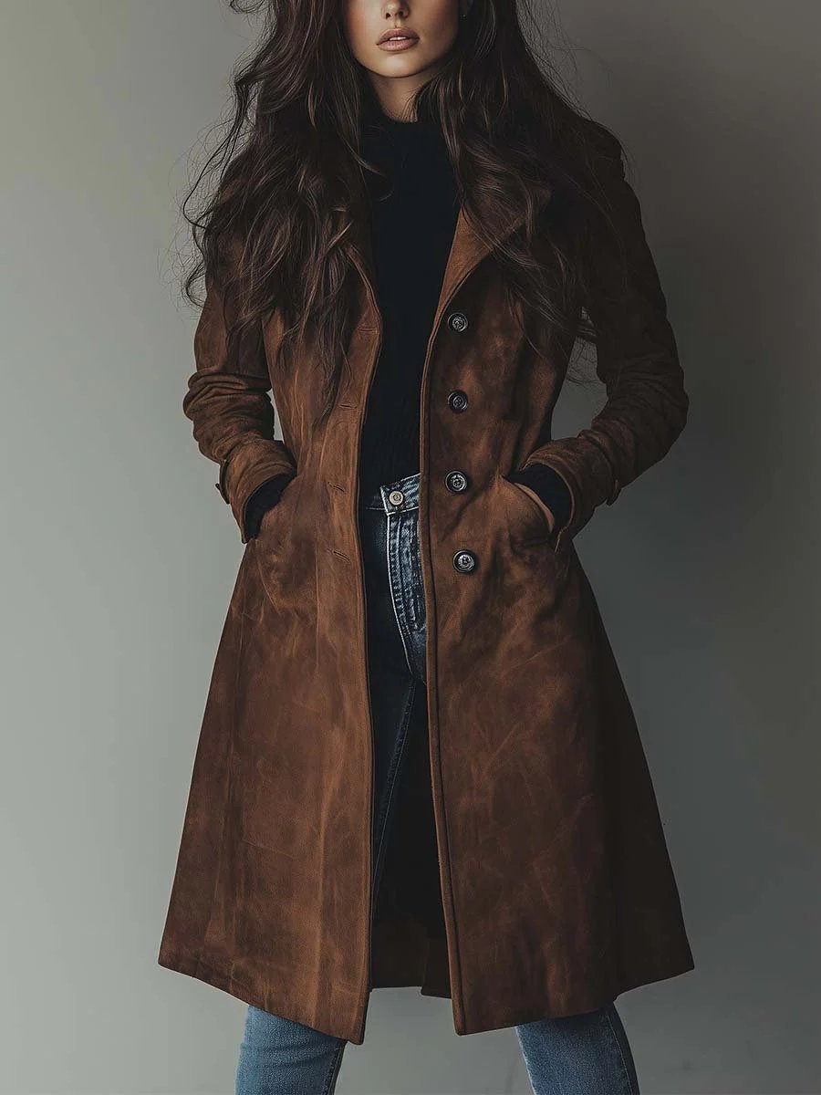 Women's Suede Trench Coat - Brown