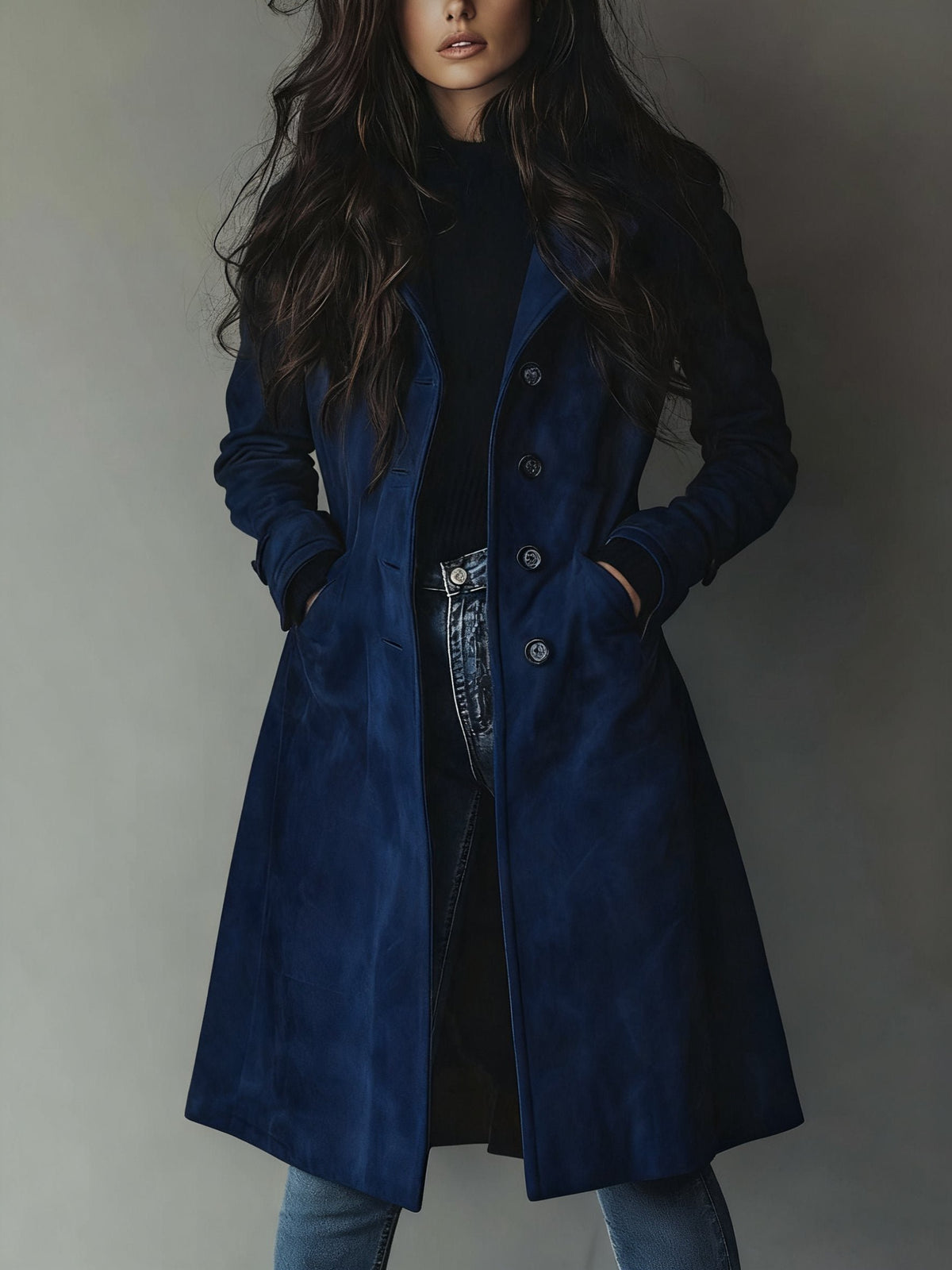 Women's Suede Trench Coat - Dark Blue