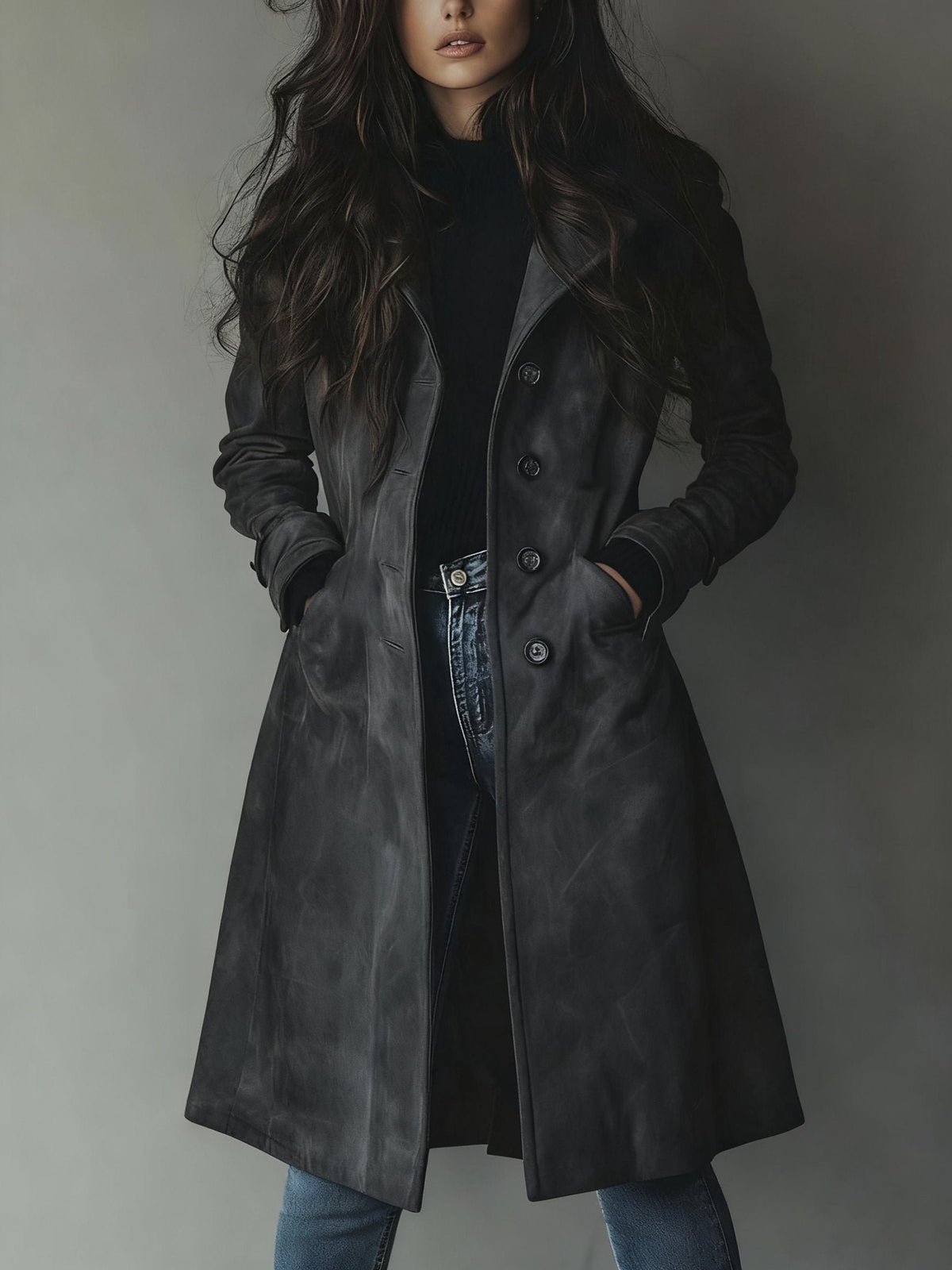 Women's Suede Trench Coat - Dark Gray